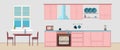 Kitchen interior dining flat illustration with microwave